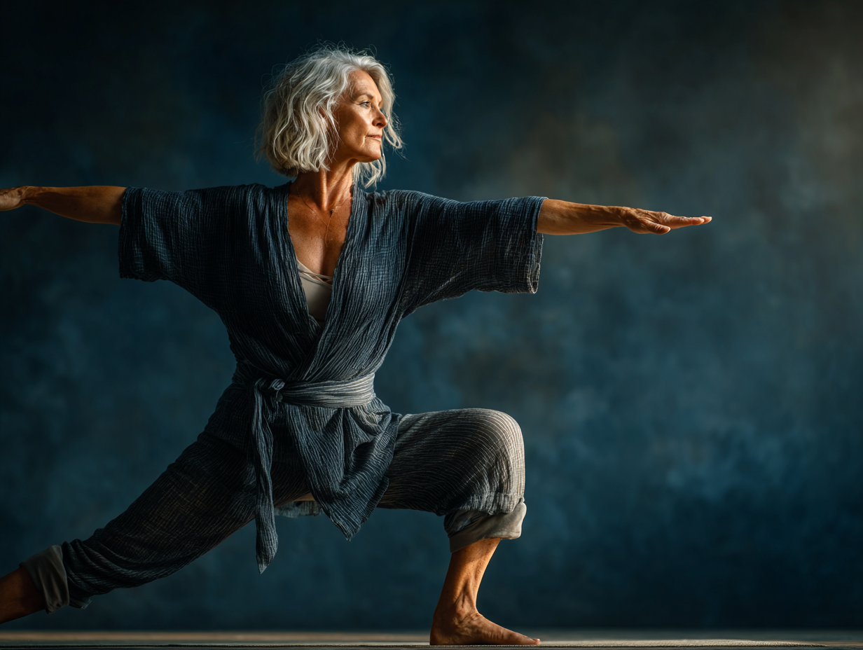 Жінка середнього віку практикує йогу на природі